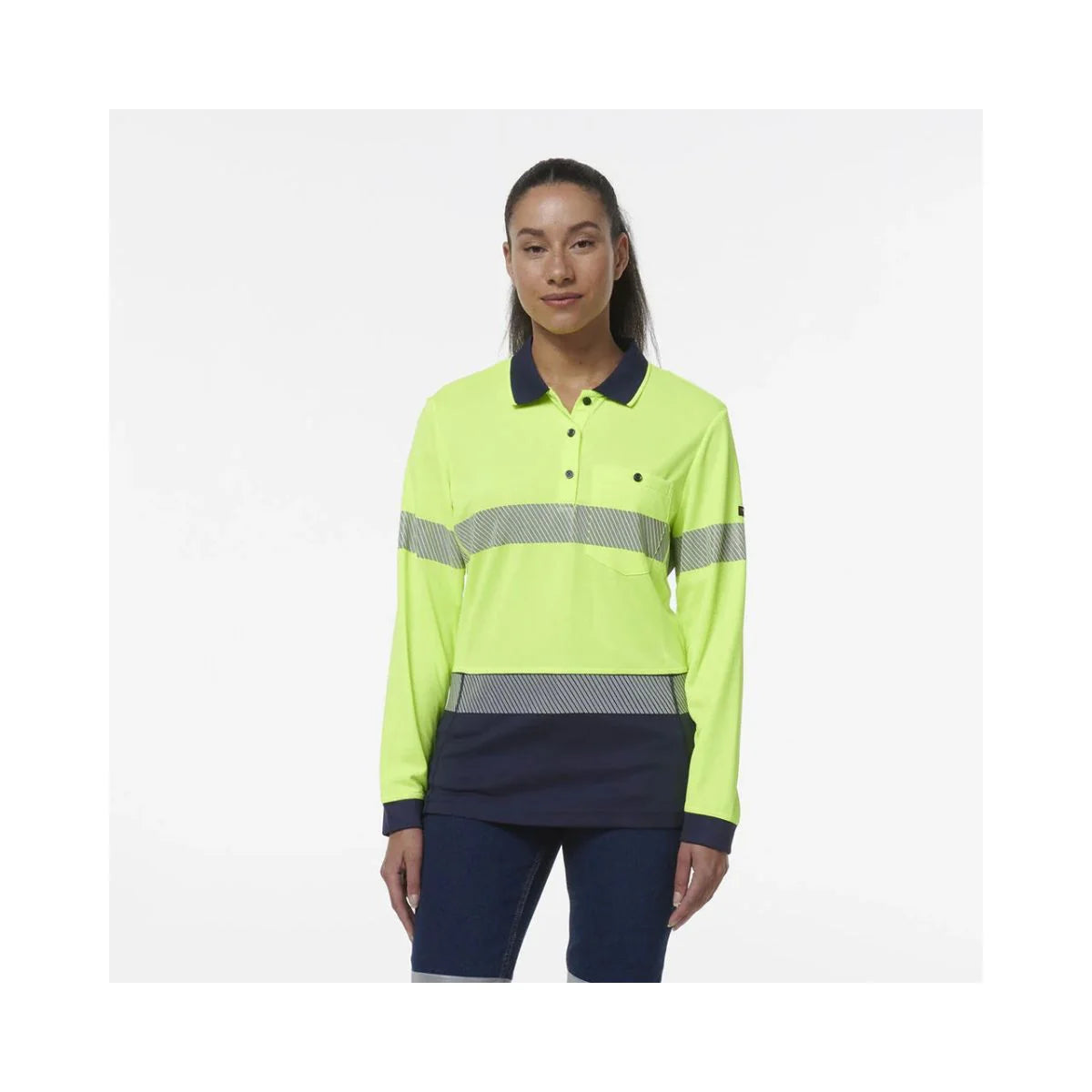 KingGee Women's Workcool Hyperfreeze Spliced Hi Vis Long Sleeve Polo Shirt With Segmented Tape